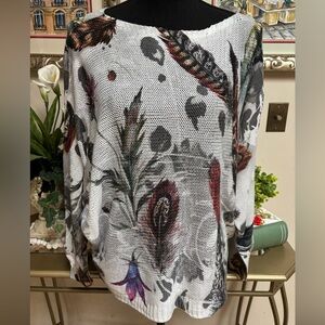 LUISA RICCI ITALY DOLMAN SLEEVE FLORAL FEATHER VIBRANT KNITTED SWEATER SZ M
